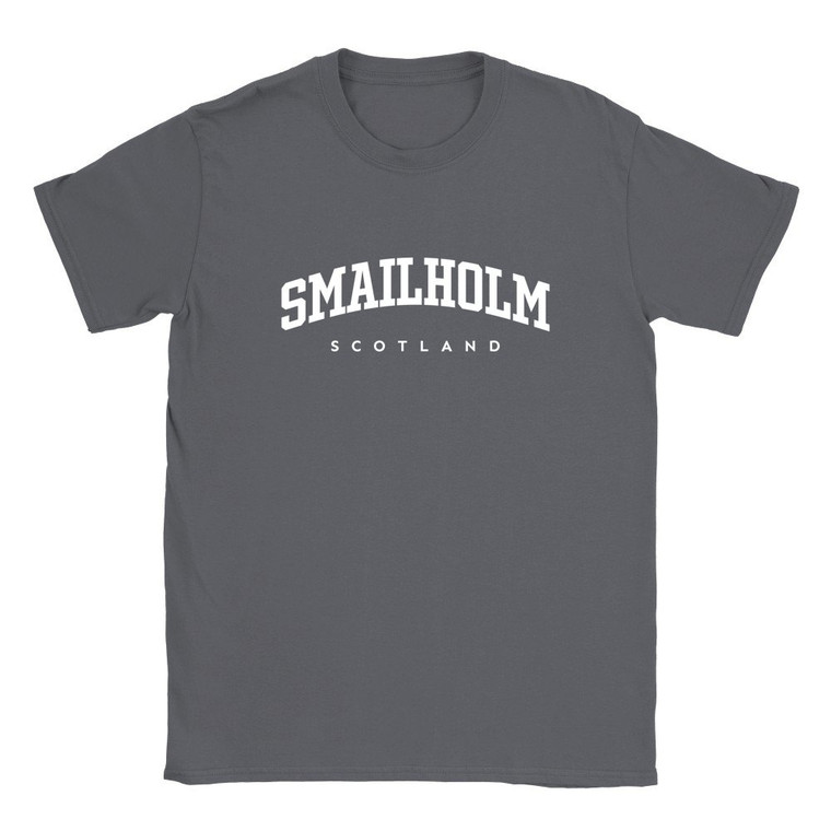 Smailholm T Shirt which features white text centered on the chest which says the Village name Smailholm in varsity style arched writing with Scotland printed underneath.