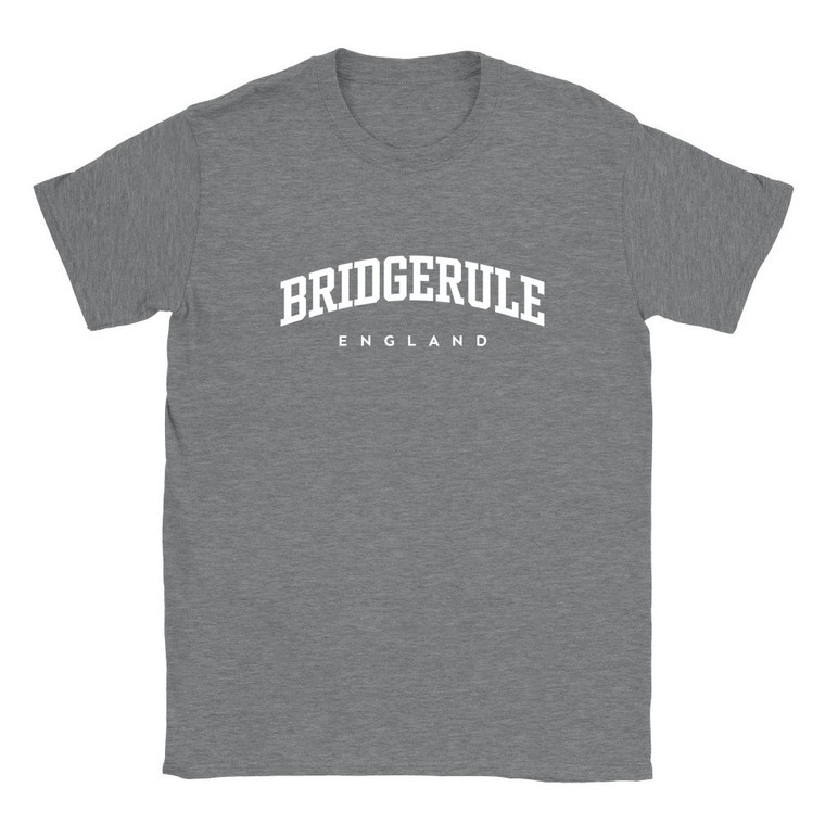 Bridgerule T Shirt which features white text centered on the chest which says the Village name Bridgerule in varsity style arched writing with England printed underneath.