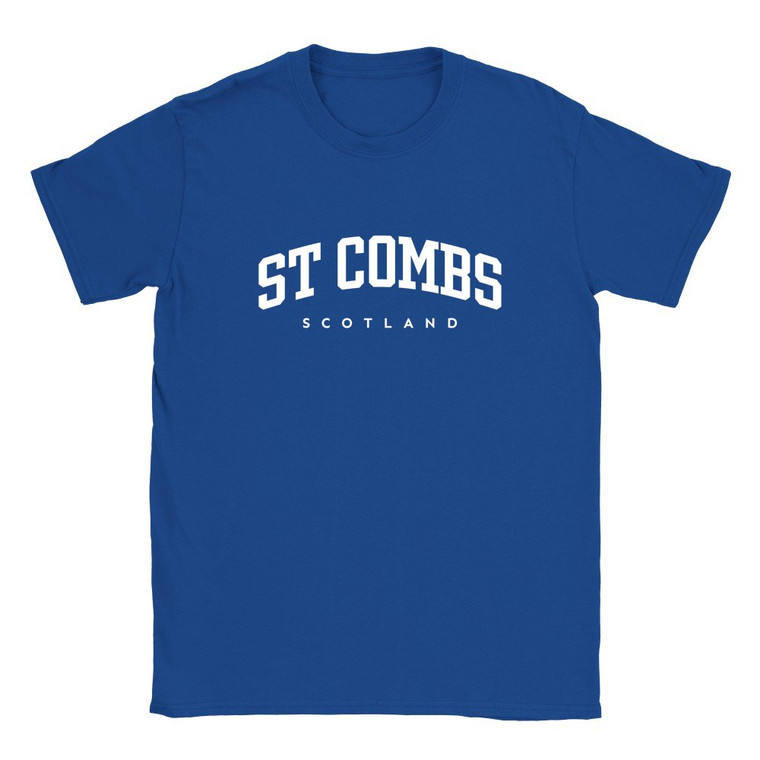 St Combs T Shirt which features white text centered on the chest which says the Village name St Combs in varsity style arched writing with Scotland printed underneath.