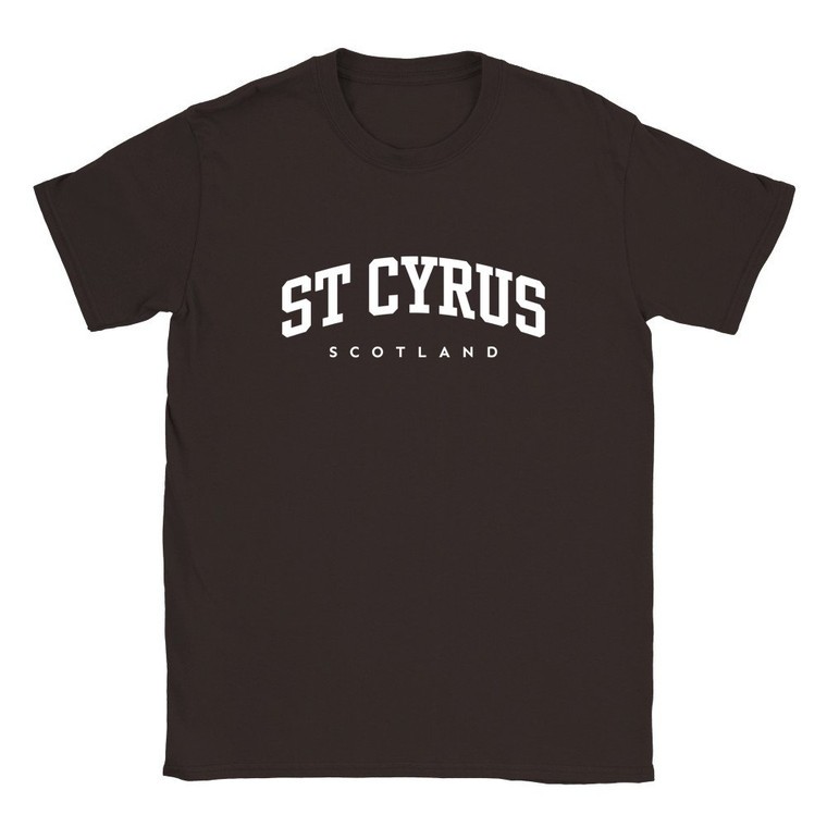 St Cyrus T Shirt which features white text centered on the chest which says the Village name St Cyrus in varsity style arched writing with Scotland printed underneath.