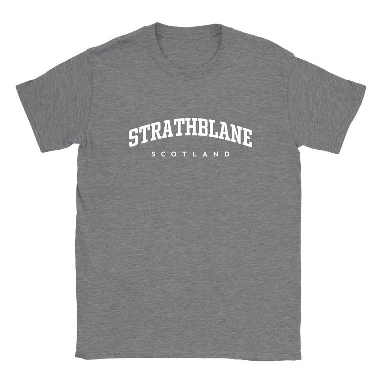 Strathblane T Shirt which features white text centered on the chest which says the Village name Strathblane in varsity style arched writing with Scotland printed underneath.