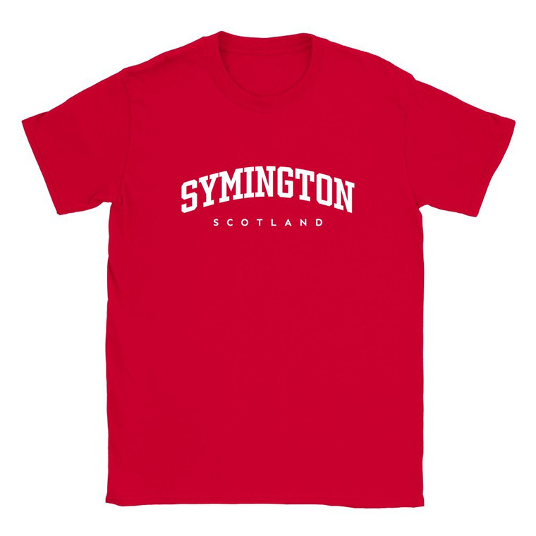 Symington T Shirt which features white text centered on the chest which says the Village name Symington in varsity style arched writing with Scotland printed underneath.
