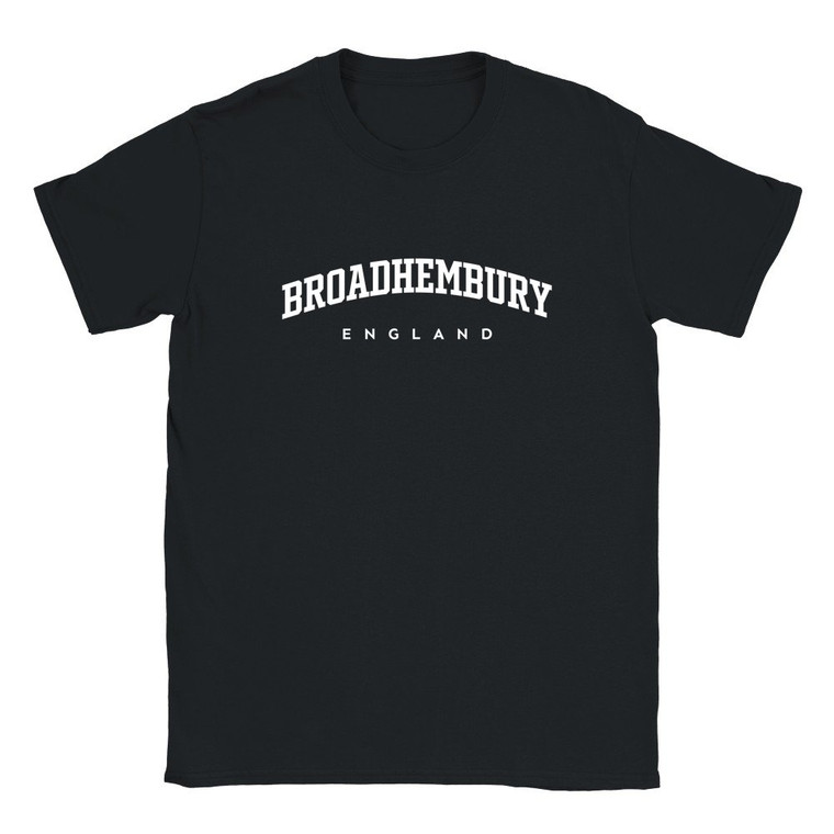 Broadhembury T Shirt which features white text centered on the chest which says the Village name Broadhembury in varsity style arched writing with England printed underneath.