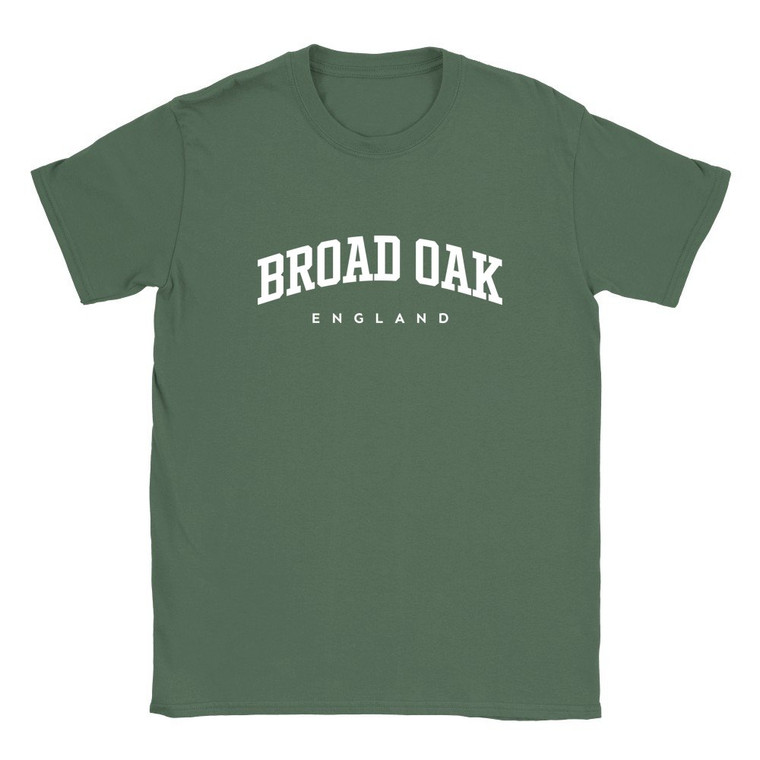 Broad Oak T Shirt which features white text centered on the chest which says the Village name Broad Oak in varsity style arched writing with England printed underneath.