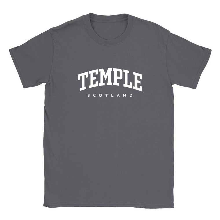 Temple T Shirt which features white text centered on the chest which says the Village name Temple in varsity style arched writing with Scotland printed underneath.