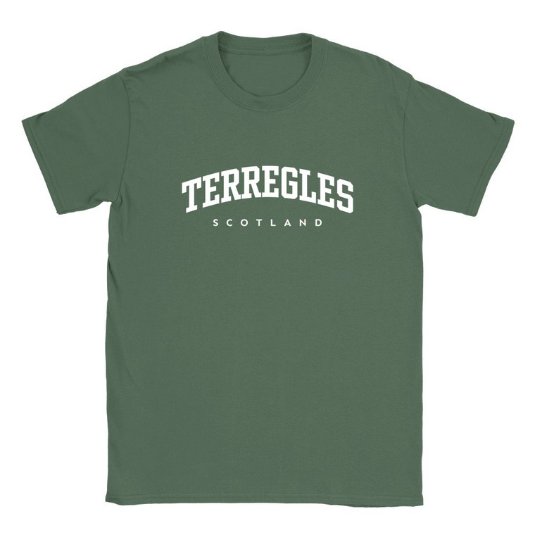 Terregles T Shirt which features white text centered on the chest which says the Village name Terregles in varsity style arched writing with Scotland printed underneath.