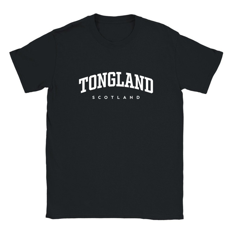 Tongland T Shirt which features white text centered on the chest which says the Village name Tongland in varsity style arched writing with Scotland printed underneath.