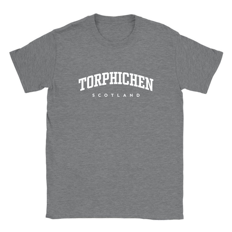 Torphichen T Shirt which features white text centered on the chest which says the Village name Torphichen in varsity style arched writing with Scotland printed underneath.