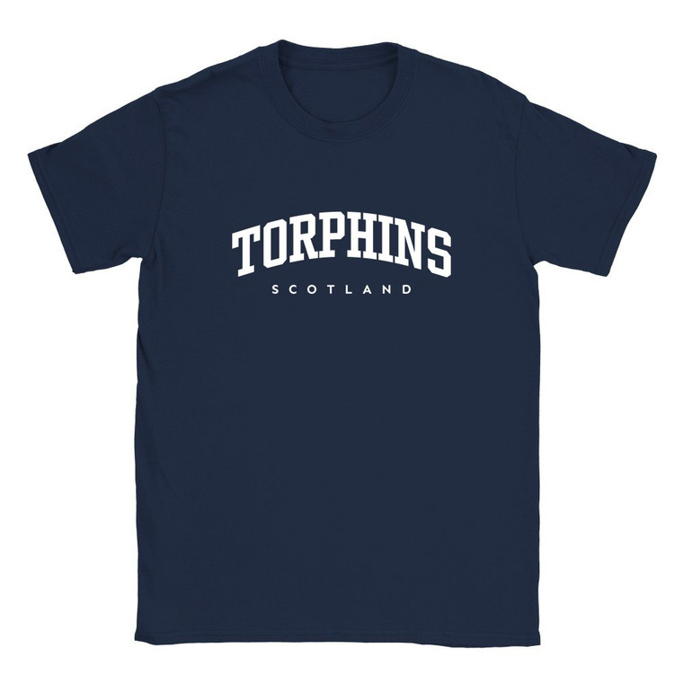 Torphins T Shirt which features white text centered on the chest which says the Village name Torphins in varsity style arched writing with Scotland printed underneath.