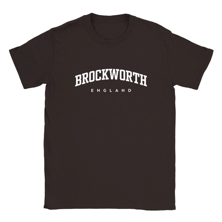 Brockworth T Shirt which features white text centered on the chest which says the Village name Brockworth in varsity style arched writing with England printed underneath.