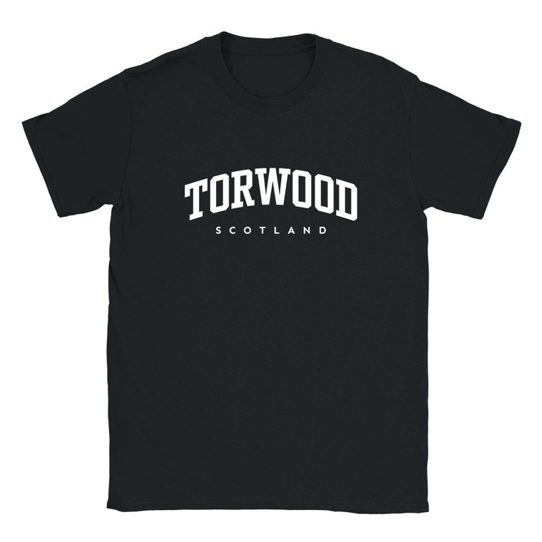 Torwood T Shirt which features white text centered on the chest which says the Village name Torwood in varsity style arched writing with Scotland printed underneath.