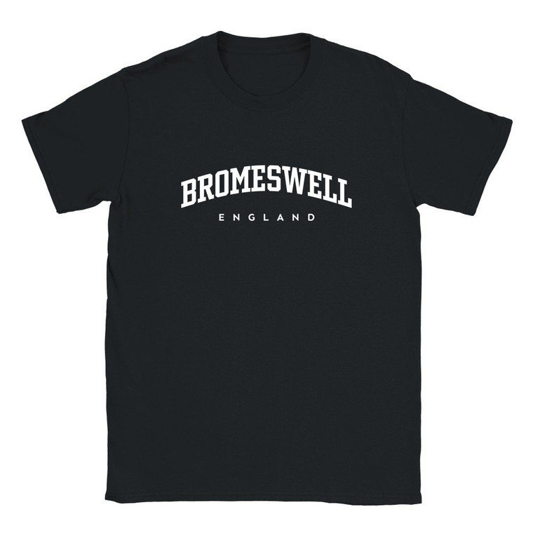 Bromeswell T Shirt which features white text centered on the chest which says the Village name Bromeswell in varsity style arched writing with England printed underneath.