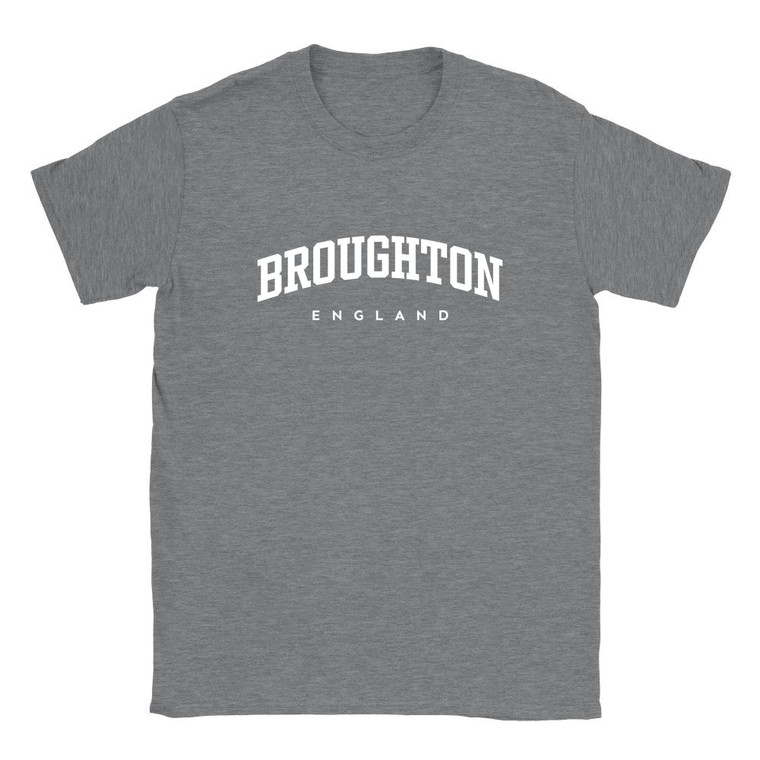 Broughton T Shirt which features white text centered on the chest which says the Village name Broughton in varsity style arched writing with England printed underneath.