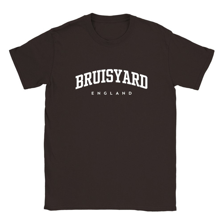 Bruisyard T Shirt which features white text centered on the chest which says the Village name Bruisyard in varsity style arched writing with England printed underneath.