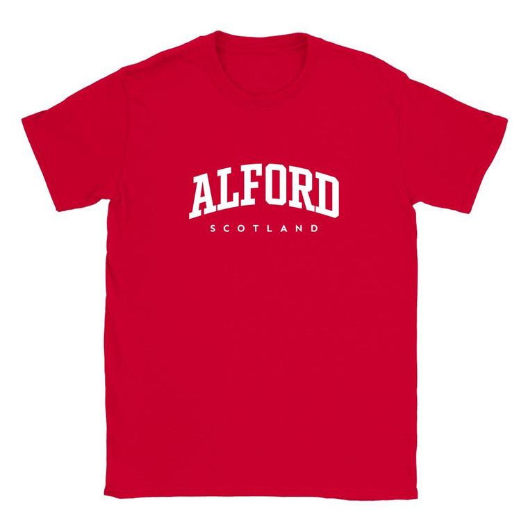 Alford T Shirt which features white text centered on the chest which says the Town name Alford in varsity style arched writing with Scotland printed underneath.