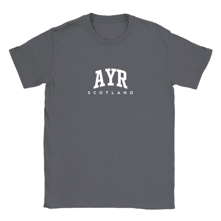 Ayr T Shirt which features white text centered on the chest which says the Town name Ayr in varsity style arched writing with Scotland printed underneath.