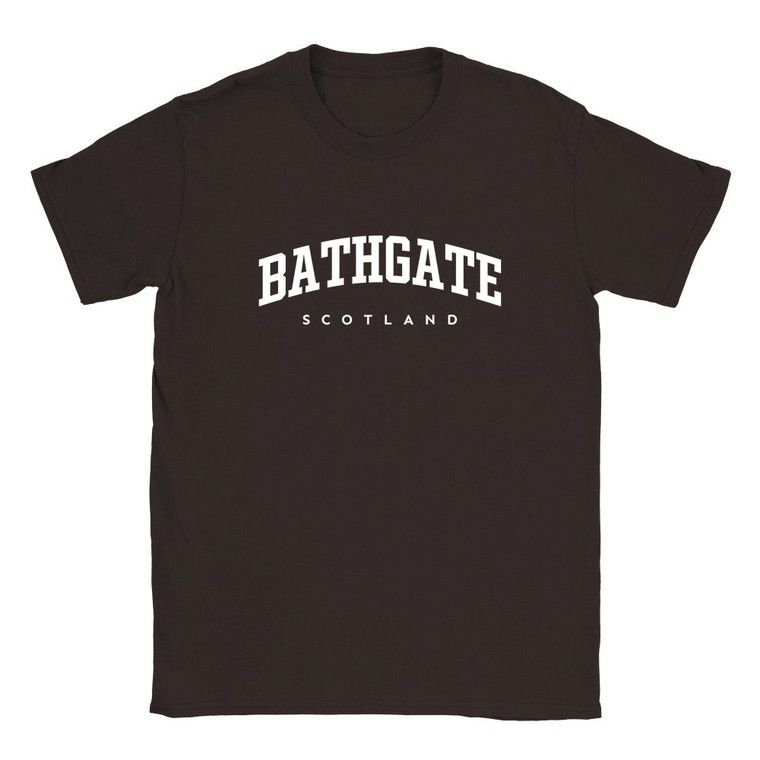 Bathgate T Shirt which features white text centered on the chest which says the Town name Bathgate in varsity style arched writing with Scotland printed underneath.