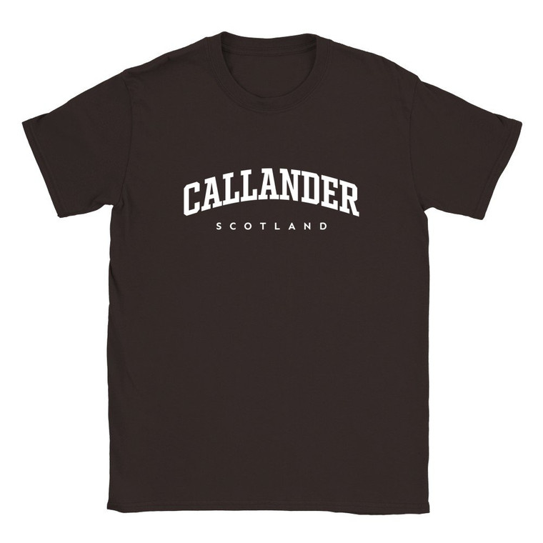 Callander T Shirt which features white text centered on the chest which says the Town name Callander in varsity style arched writing with Scotland printed underneath.