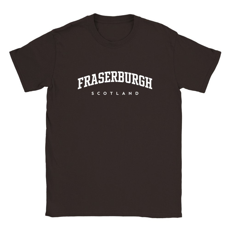 Fraserburgh T Shirt which features white text centered on the chest which says the Town name Fraserburgh in varsity style arched writing with Scotland printed underneath.