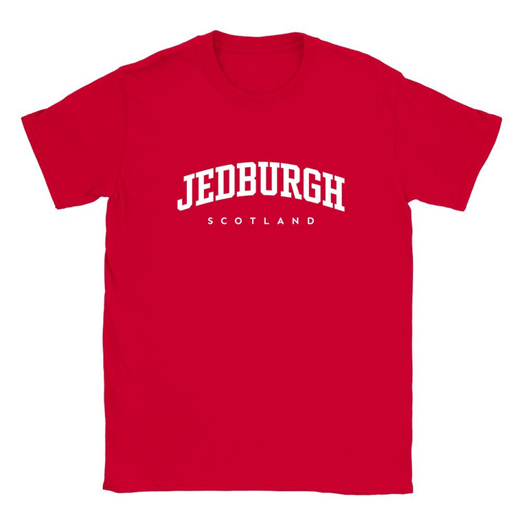 Jedburgh T Shirt which features white text centered on the chest which says the Town name Jedburgh in varsity style arched writing with Scotland printed underneath.