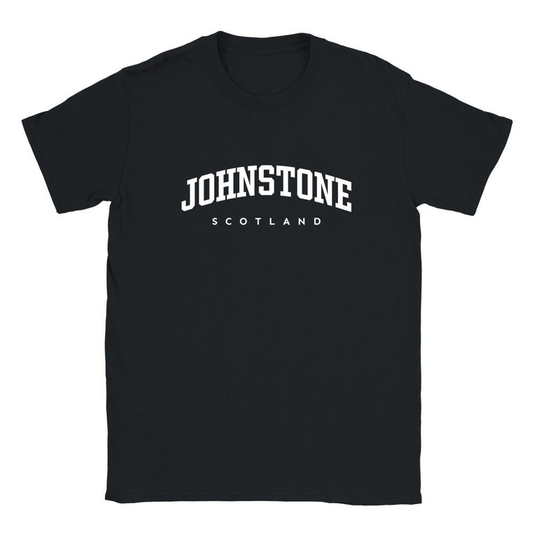 Johnstone T Shirt which features white text centered on the chest which says the Town name Johnstone in varsity style arched writing with Scotland printed underneath.