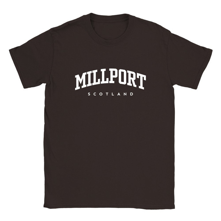 Millport T Shirt which features white text centered on the chest which says the Town name Millport in varsity style arched writing with Scotland printed underneath.