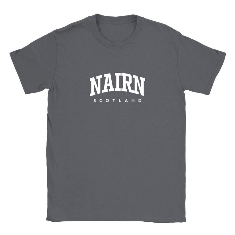 Nairn T Shirt which features white text centered on the chest which says the Town name Nairn in varsity style arched writing with Scotland printed underneath.