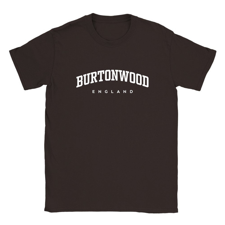 Burtonwood T Shirt which features white text centered on the chest which says the Village name Burtonwood in varsity style arched writing with England printed underneath.