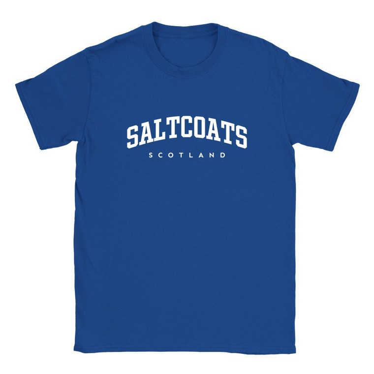 Saltcoats T Shirt which features white text centered on the chest which says the Town name Saltcoats in varsity style arched writing with Scotland printed underneath.