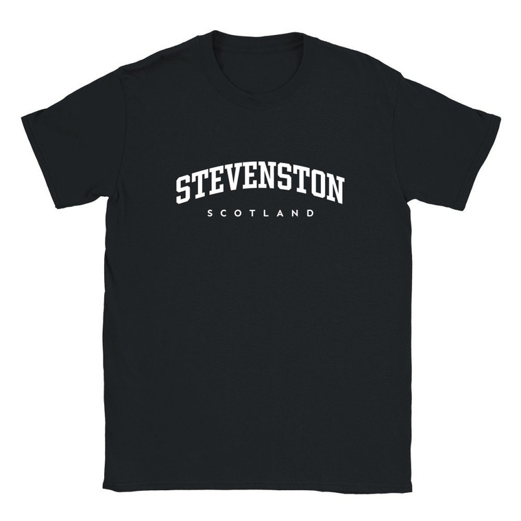 Stevenston T Shirt which features white text centered on the chest which says the Town name Stevenston in varsity style arched writing with Scotland printed underneath.