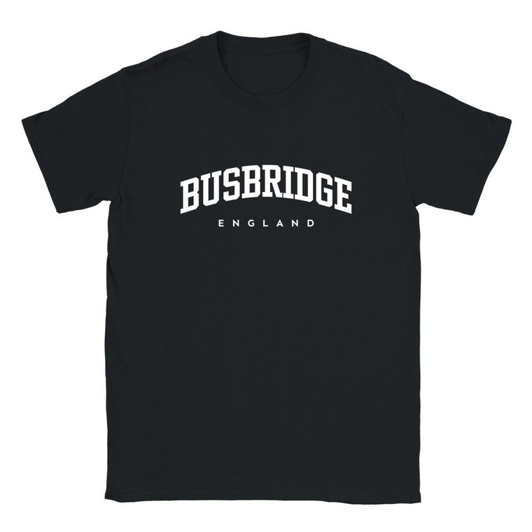 Busbridge T Shirt which features white text centered on the chest which says the Village name Busbridge in varsity style arched writing with England printed underneath.