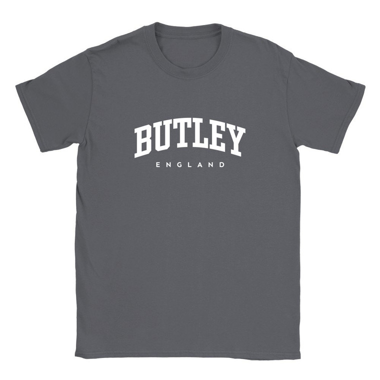Butley T Shirt which features white text centered on the chest which says the Village name Butley in varsity style arched writing with England printed underneath.