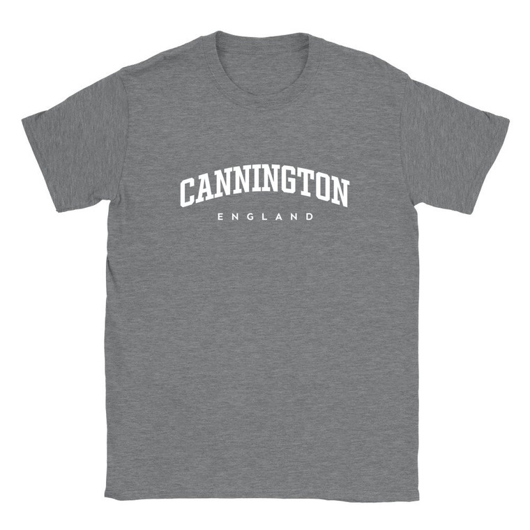 Cannington T Shirt which features white text centered on the chest which says the Village name Cannington in varsity style arched writing with England printed underneath.
