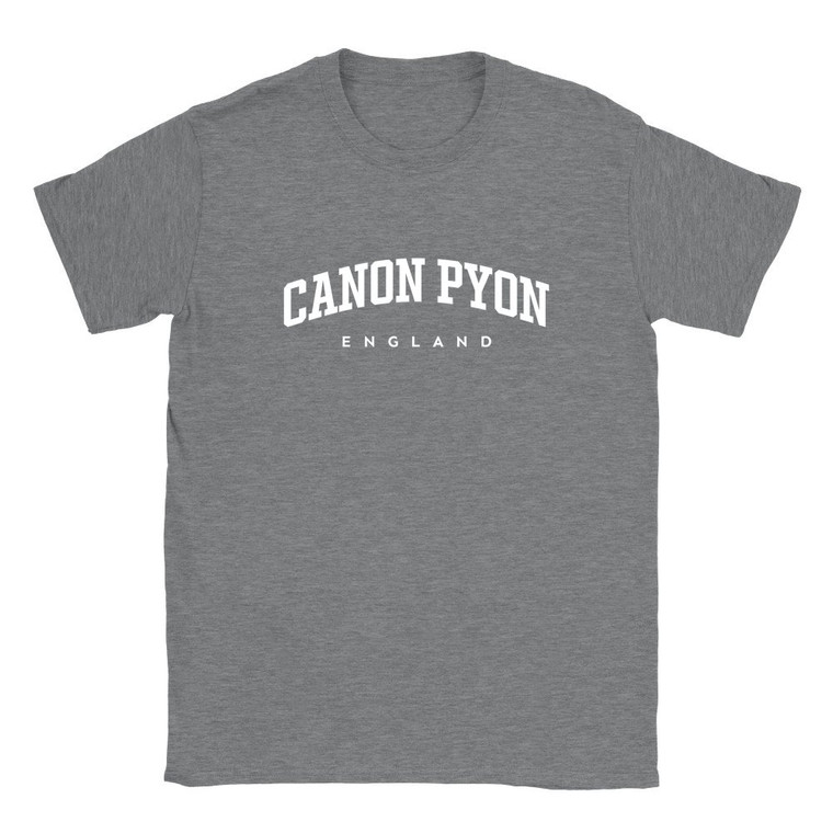 Canon Pyon T Shirt which features white text centered on the chest which says the Village name Canon Pyon in varsity style arched writing with England printed underneath.