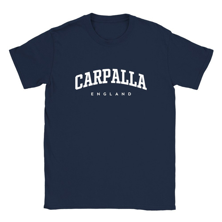 Carpalla T Shirt which features white text centered on the chest which says the Village name Carpalla in varsity style arched writing with England printed underneath.