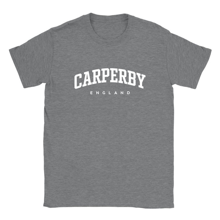 Carperby T Shirt which features white text centered on the chest which says the Village name Carperby in varsity style arched writing with England printed underneath.