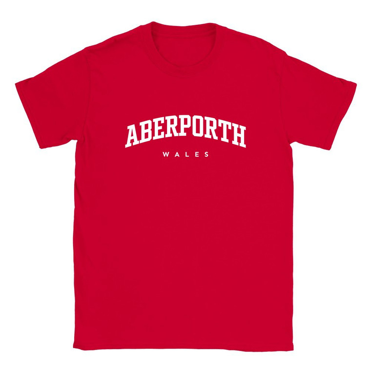 Aberporth T Shirt which features white text centered on the chest which says the Village name Aberporth in varsity style arched writing with Wales printed underneath.