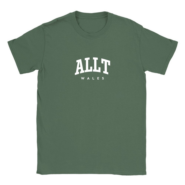 Allt T Shirt which features white text centered on the chest which says the Village name Allt in varsity style arched writing with Wales printed underneath.