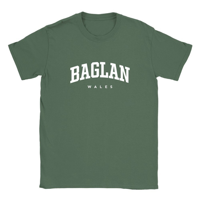 Baglan T Shirt which features white text centered on the chest which says the Village name Baglan in varsity style arched writing with Wales printed underneath.