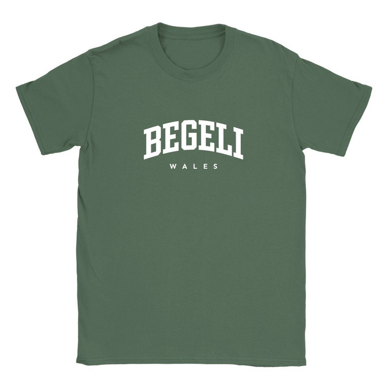 Begeli T Shirt which features white text centered on the chest which says the Village name Begeli in varsity style arched writing with Wales printed underneath.