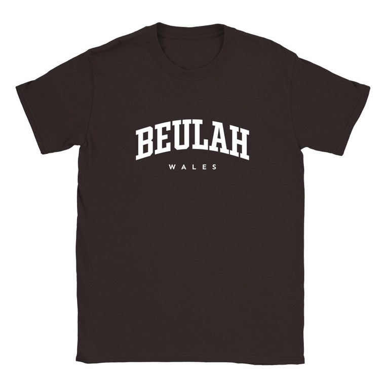 Beulah T Shirt which features white text centered on the chest which says the Village name Beulah in varsity style arched writing with Wales printed underneath.