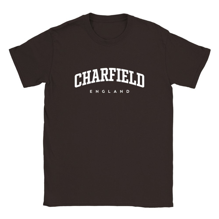 Charfield T Shirt which features white text centered on the chest which says the Village name Charfield in varsity style arched writing with England printed underneath.