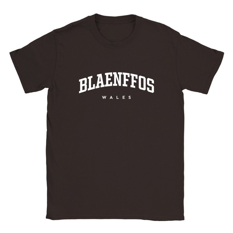 Blaenffos T Shirt which features white text centered on the chest which says the Village name Blaenffos in varsity style arched writing with Wales printed underneath.