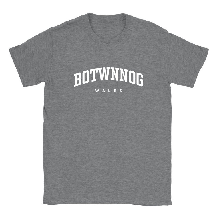 Botwnnog T Shirt which features white text centered on the chest which says the Village name Botwnnog in varsity style arched writing with Wales printed underneath.