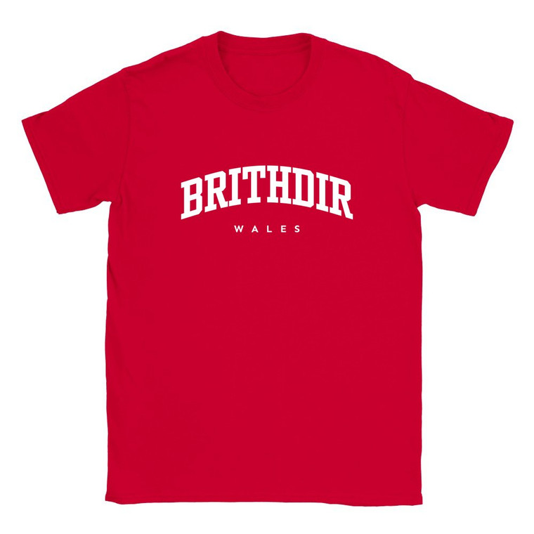 Brithdir T Shirt which features white text centered on the chest which says the Village name Brithdir in varsity style arched writing with Wales printed underneath.