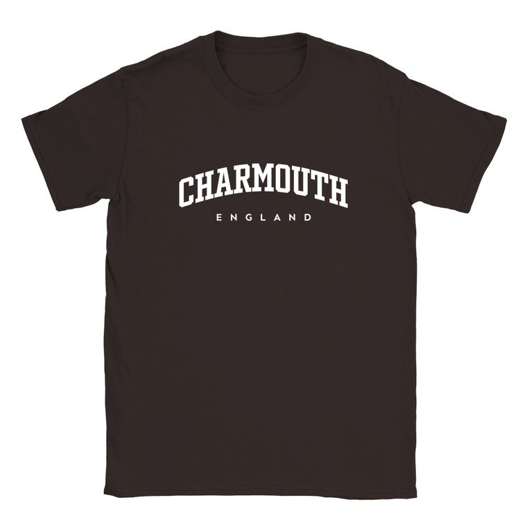 Charmouth T Shirt which features white text centered on the chest which says the Village name Charmouth in varsity style arched writing with England printed underneath.