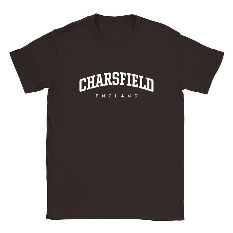 Charsfield T Shirt which features white text centered on the chest which says the Village name Charsfield in varsity style arched writing with England printed underneath.