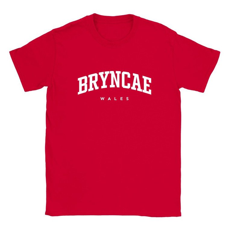 Bryncae T Shirt which features white text centered on the chest which says the Village name Bryncae in varsity style arched writing with Wales printed underneath.