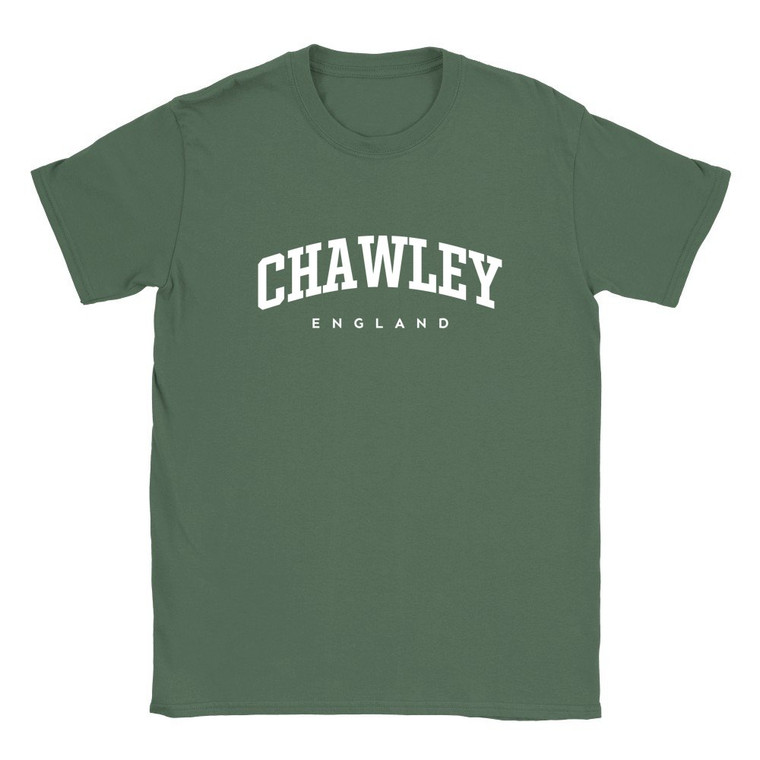 Chawley T Shirt which features white text centered on the chest which says the Village name Chawley in varsity style arched writing with England printed underneath.