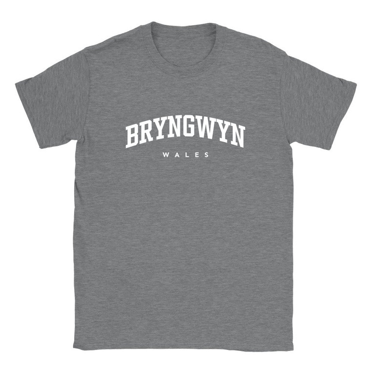 Bryngwyn T Shirt which features white text centered on the chest which says the Village name Bryngwyn in varsity style arched writing with Wales printed underneath.